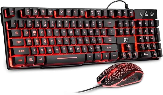 Rii Gaming Keyboard and Mouse Set, 3-LED Backlit Mechanical Feel Business Office Keyboard, Colorful Breathing Backlit Mouse for Working or Primer Gaming, Office Device (RK108)