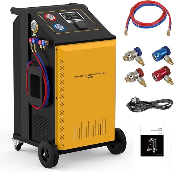 Refrigerant Recovery Machine, Fully Automatic Dual-System Intelligent AC Recovery Machine, 7" Touch Screen with Database & Printer, Universal for R1234yf R134a Refrigerant, Fits All Vehicle Types