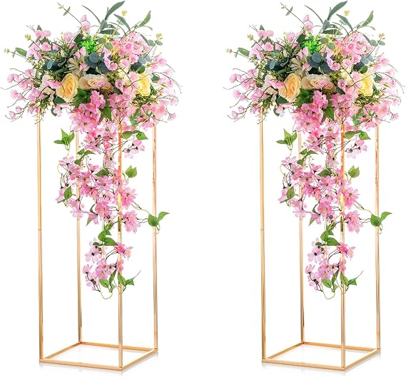 NUPTIO 2 Pcs Metal Flower Floor Vase Column Geometric Centerpieces Flower Stand for Tables, 3112 inch Tall Gold Flower Holder for Home Party Wedding Decorations, Rectangular Display Rack