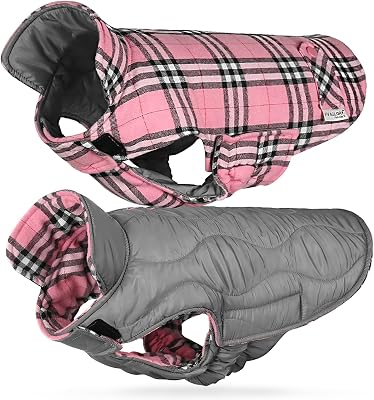 VIVAGLORY Softjoy Dog Coat, Dog Jacket for Winter & Christmas, Coat with Harness Hole, Reversible Plaid Checkered Warm Fluffy Heavy Duty for Puppy, M, Pink