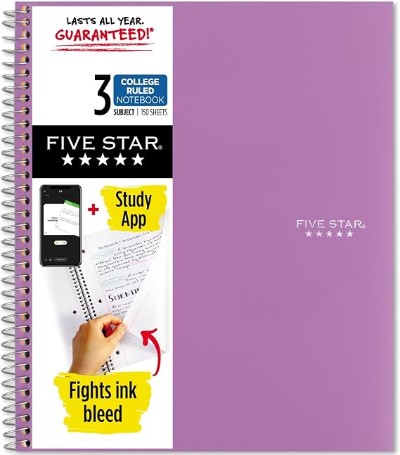 Five Star Spiral Notebook + Study App, 3 Subject, College Ruled Paper, 8-1/2" x 11", 150 Sheets, Fights Ink Bleed, Water Resistant Cover, Amethyst Purple (38746)