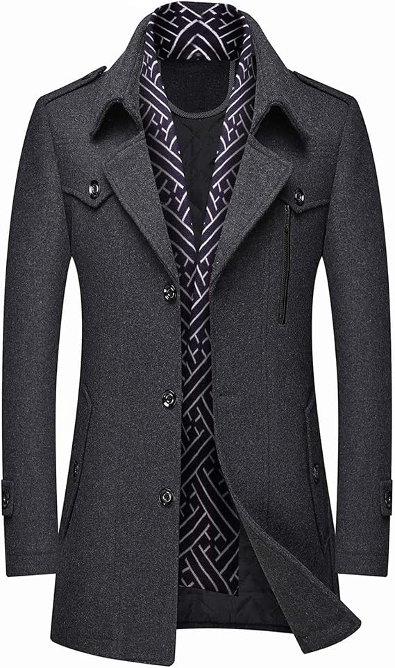DOSLAVIDA Men's Slim Fit Woolen Pea Coat Single Breasted Winter Warm Long Trench Jackets With Removable Soft Scarf