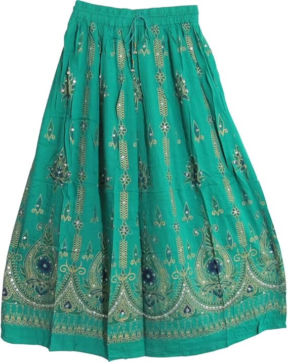Womens Indian Sequin Crinkle Broomstick Gypsy Long Skirt (Mint Green)