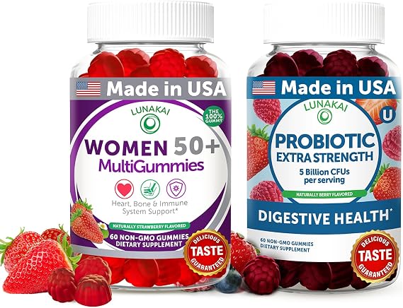 Lunakai USA Made Women 50+ Multivitamin & Probiotic Gummies Bundle Immune & Digestive Support 60 Non-GMO Gummies Each