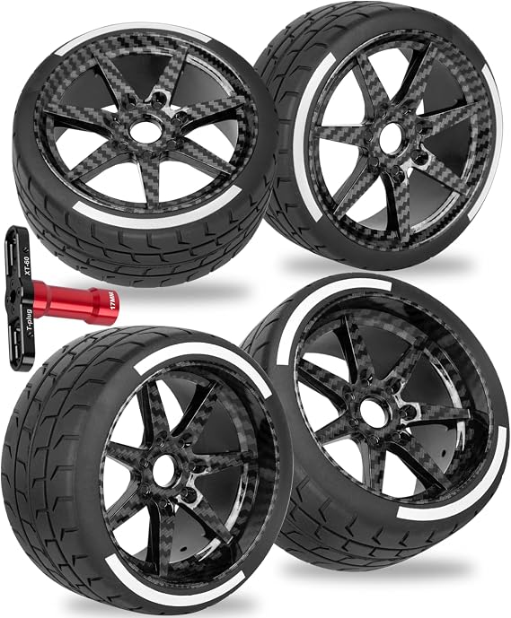 RC Wheel Tires Set for 1/7 Felony 6S BLX,RC Wheels and Tires,Carbon Surface Wheels,RC Truck Tires Highway Tires,4pcs,Black w/Carbon