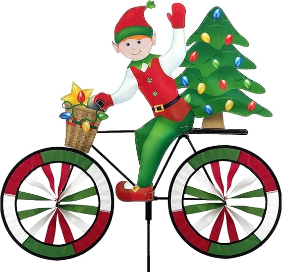 Bike Spinner Elf 30" Whimsical Christmas Design, Weather-Resistant Outdoor Decor, Durable & Lightweight for Patios, Yards, and Gardens - Eye-Catching Wind Spinner with Rotating Wheels