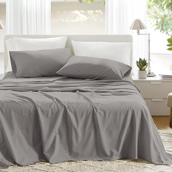 Comfort Spaces 100% Cotton Percale Sheets King Sheet Set 4 Pcs, Dark Gray | Crisp, Cool & Breathable Bed Sheets, 14" Deep Pocket Fits Up to 16" Mattress, Lightweight, All Season Cozy, with Pillow Case