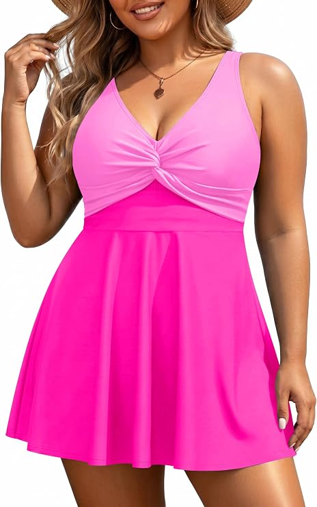 Plus Size Swim Dress for Women - One Piece Swimsuit Tummy Control Bathing Suit Twist Front Curvy Swimwear 2025