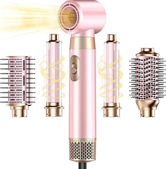 5 in 1 Blow Dryer Brush Set, Upgrade Hair Dryer & Blow Dryer Brush & Air Curling Wrap & Paddle Brush, Detachable Hot Air Brush Styling Tools, High Speed Travel Hair Volumizer Straightener Curler Pink