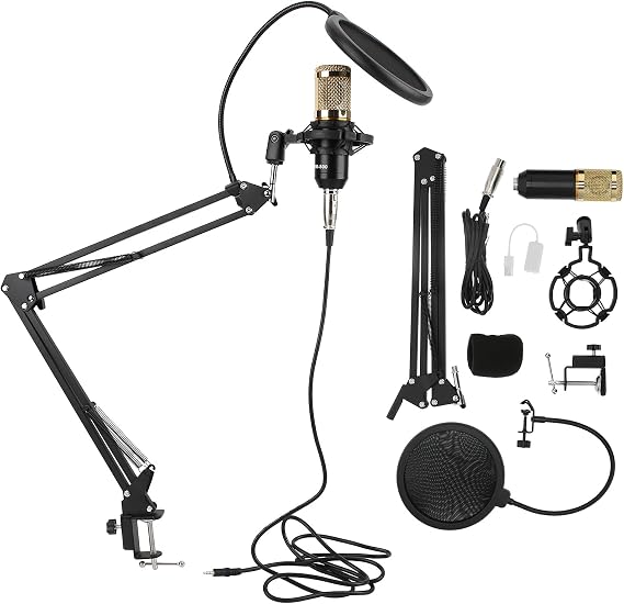 BM800 Condenser Microphone Kit, USB Professional Recording Microphone with Flexible Arm, Studio Quality Sound for PC Desktop Notebook Computer, Includes Shock Mount and Pop Filter (Black and Gold)