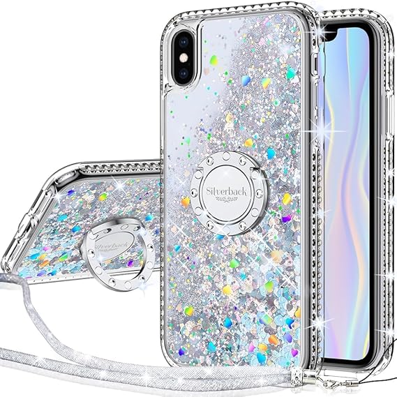 Silverback for iPhone Xs Max Case with Ring Stand, Silver | Moving Liquid Holographic Sparkle Glitter, Kickstand, Bling Diamond Ring, Cute Protective Cover for Women Girls