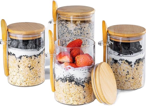 MHDCLY Overnight Oats Jar, Meal Prep Containers With Lids, 4 PCS -16oz Oats Jar Glass, Overnight Oats Containers With Lids, Pudding Cups, Oatmeal Cups,Glass Jars with Spoons