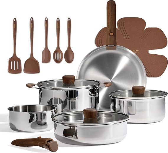CAROTE 19pcs Tri-Ply Stainless Steel Cookware Set with Detachable Handle | Pots and Pans Set, Even Heating, Non-Toxic, Induction Compatible, Dishwasher& Oven Safe, Space Saving, RV Cooking,Woodgrain