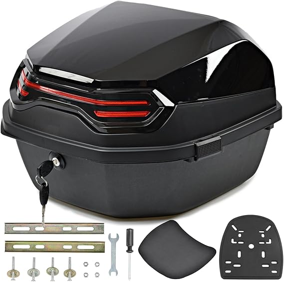 LIVRER 35L Motorcycle Top Box, Waterproof Motorcycle Scooter Tail Box Trunk Luggage Box with Mounting Hardware, Storage Carrier Case for Motorbike Moped Back Rear Case, Can Store Helmet,Bright Black