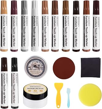 Furniture Touch Up Markers- 12 Colors, 19 Pcs Wood Scratch Repair Kit with Polish Wax and Wood Putty, Repair Wood Marker Pens for Cracks, Scratches, Holes, Stains, Doors, Floors, Tables, Cabinets