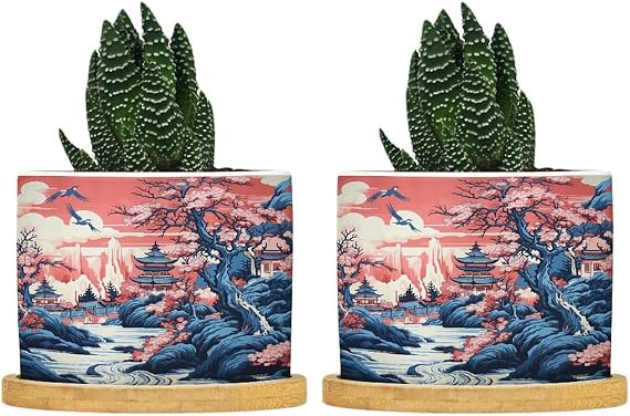 Pink Blue Chinoiserie Planters Ceramic Coral Chinoiserie Chic Asian Round Plant Pot with Drainage Holes and Bamboo Tray Pot for Succulents Cactus Garden Windowsill