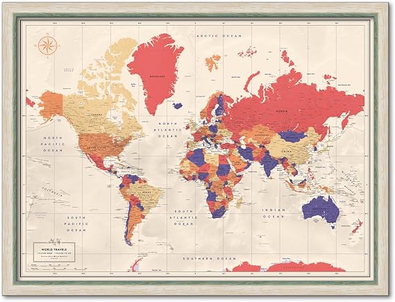 Framed World map for wall | Personalized World map Pin Board with Push Pins | Mark Places Traveled | Detailed and Modern Travel Map with Pins up to 40" x 53" Large