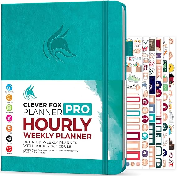 Clever Fox Planner PRO Hourly, Undated Weekly & Monthly, Turquoise | 8.5x11" daily planner with time slots, Eco leather cover, Stickers, 120gsm paper, Work schedule organizer, Appointment book