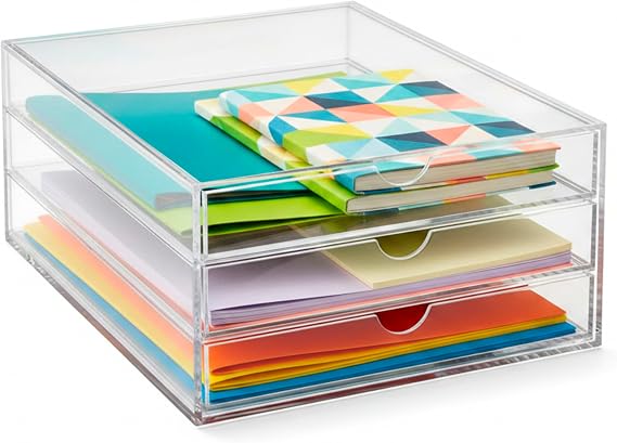 OSCO Portrait Clear Acrylic 3 Tier Paper Sorter, A4 Document Storage, Filing Drawers, Paperwork Organiser, Desk Tidy, Cosmetic Storage, Brick Sorter, Coffee Capsule Pods Holder