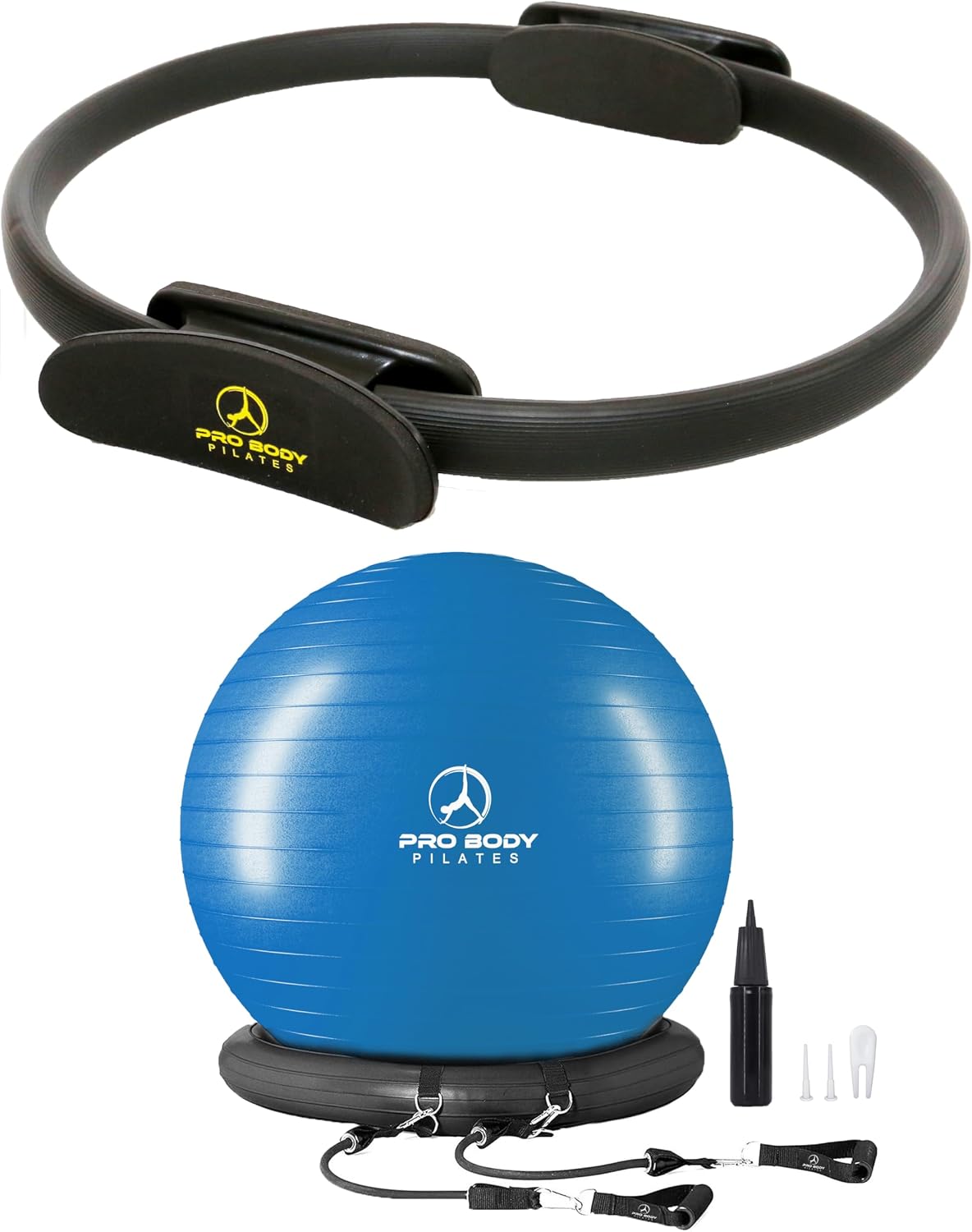 ProBody Pilates 14 Magic Circle and a 65 cm Yoga Ball with Base and Bands 2pcs Bundle for Stability, Barre, Yoga, Core Training and Physical Therapy