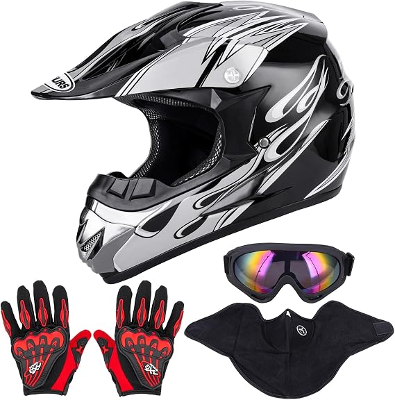 OUMURS Adult Motocross Dirt Bike Helmet with Goggles, Gloves & Mask Dirt Bike ATV Helmet for Unisex-Adult Men Women Adjustable Sun Visor DOT/FMVSS-218 Off-Road Motorcycle Helmet UTV Helmet Downhill