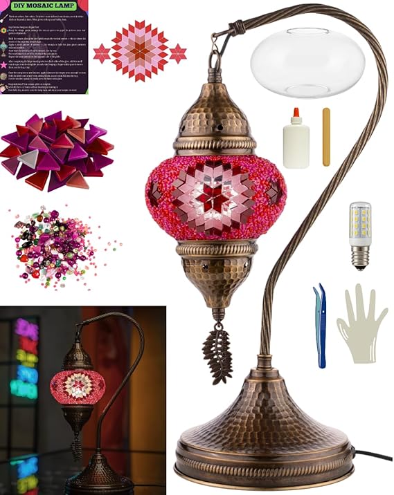 DEMMEX DIY Turkish Moroccan Mosaic Lamp Making Kit Beginner Friendly Mosaic Art & Craft Project Kit for Adults & Teens No Grout/Plaster Needed Fun, Easy, No Experience Required (Pink)