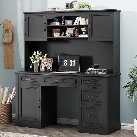 Halitaa Executive Desk with 5 Drawers, Pure Black | 67" H Farmhouse Computer Desk with Hutch, Storage Cabinet, File Drawers and Charging Station, for Home Office, Study
