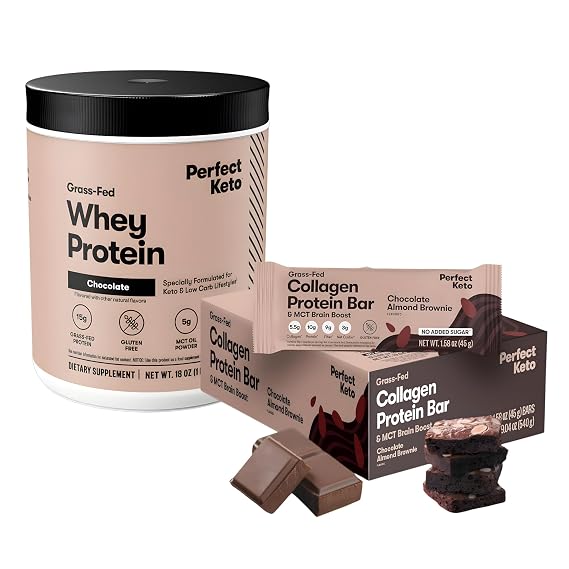 Perfect Keto Snack & Shake Bundle Almond Butter Brownie Keto Bars (12 ct) + Grass-Fed Whey Protein Isolate Chocolate | Low Net Carbs, No Added Sugar, Gluten Free