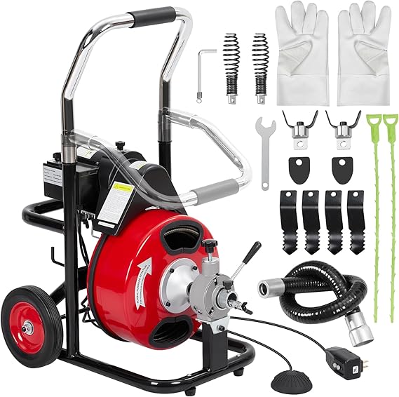 Electric Drain Cleaner - Efficiently Clears Clogs With Power - 75FT x 3/8 Inch Inch Cable, 4 Interchangeable Cutters, Foot Switch, Protective Gloves.
