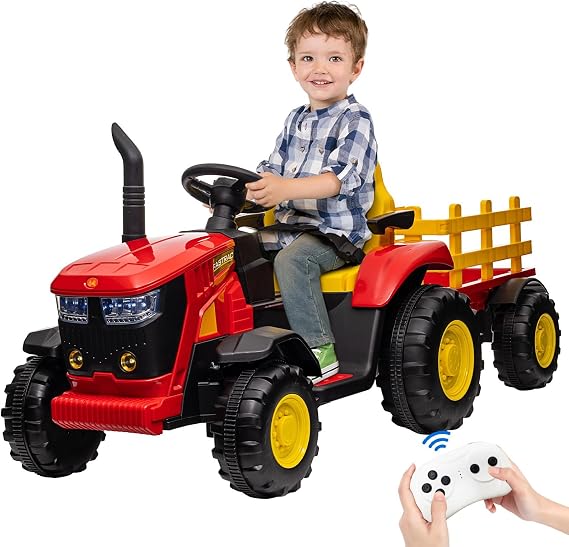 12V Battery Powered Kids Ride On Tractor with Remote Control & Detachable Trailer -Kids Tractor with 35W Dual Motors, Bluetooth Music, 3-Gear Shift, Safety Belt & 7 LED Lights for Boys and Girl,Red