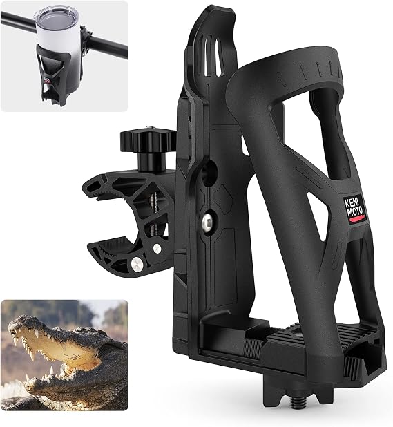 KEMIMOTO Motorcycle Cup Holder, ATV Drink Holder, Dirt Bike Bottle Holder | 360 Rotation Crocodile-Bite Clamp Compatible with Hydro Flasks, Yeti, Stanley, Other Bottles Maximum Diameter in 3.5" (1)