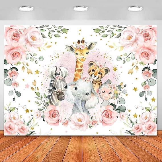 Jungle Safari Baby Shower Backdrop It's A Girl Pink Floral Zoo Animals Baby Shower Party Decorations Wild One Birthday Photography Background Cake Table Banner Supplies (7x5ft)