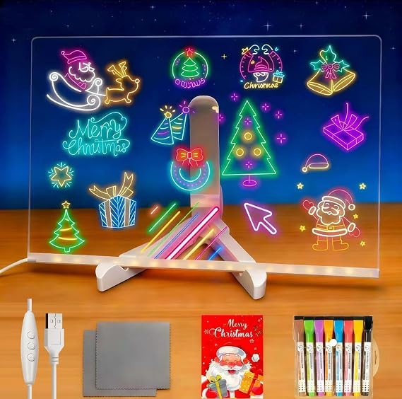 LED Drawing Board with 7-Colors,Equipped with Stand,8 Colored pens (with Eraser Caps),Sketchbook,Adapter, Hook, Chain, Spray Bottle, Cloth and Sketchbook (12x8) LED Note Board