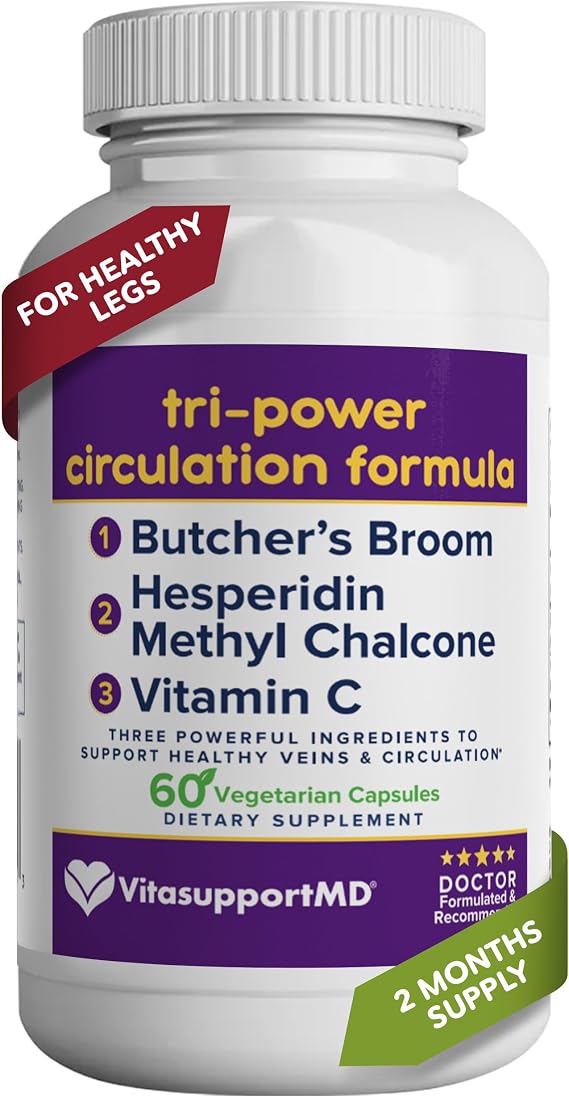 VITASUPPORTMD Tri-Power Circulation Formula - Circulation Supplement with Butcher's Broom, Hesperidin Methyl Chalcone, and Vitamin C, 60 Capsules, for Blood and Leg Circulation, Vein Health Support