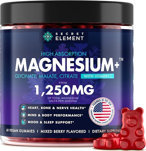 Secret Element Magnesium Glycinate 1250MG Gummies, High Absorption Magnesium Glycinate, Citrate & Malate, with Vitamin C, Sugar-Free, Vegan, Chews for Men & Women, 60 Gummies, Mixed Berry Flavor
