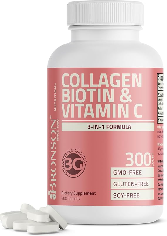 Bronson Collagen Peptides 3000mg (per Serving) with Biotin & Vitamin C - for Hair, Skin & Nails Support, Non-GMO, 300 Tablets