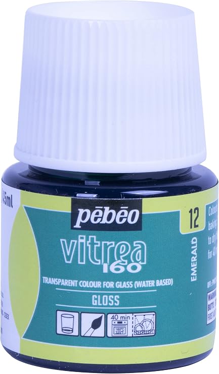 Pebeo Vitrea 160 Glass Paint, Emerald | Water-based transparent high-gloss glass paint; oven-bake at 160C to make it dishwasher-safe. For glass and crystal.