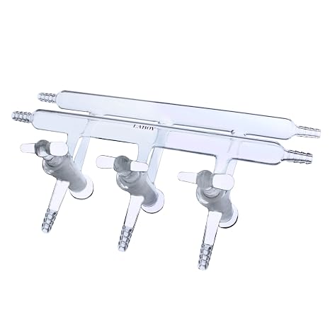 Laboy Glass Double Maniflod Vacuum Gas Distributor for Schlenk Line with 3-Port Hollow Glass Stopcock All Hose Opens 350mm in Length Air-Free Chemistry Lab Glassware