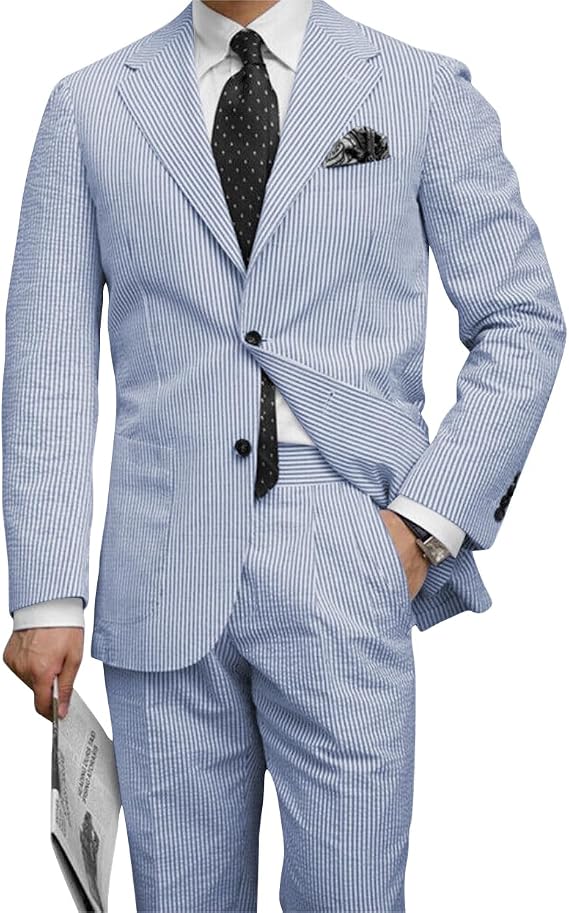 Seersucker Suits Mens 2 Piece Tuxedo for Man Casual Summer Beach Party Suit Lightweight Seersuckers Blazer Pants
