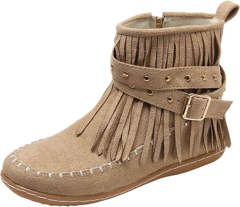 Women's Western Cowboy Boots Trendy Fringe Faux Suede Round Toe Boots Casual Dressy Fashion Retro Short Booties Winter Outdoor Low Heel Short Walking Shoes