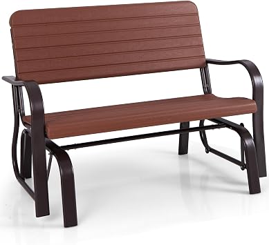 Giantex Outdoor Gliders for Outside Patio - Porch Glider w/Steel Frame, Weather Resistance HDPE Back & Seat, 600Lbs Capacity Loveseat, 2-Seat Rocker for Deck, Yard, Lawn, Outdoor Glider Bench (Brown)