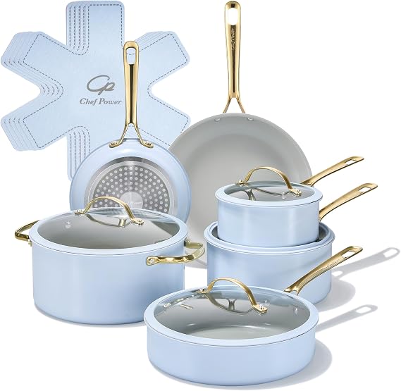 Chef Power Ceramic Cookware Sets, 15Pcs Pots and Pans Set Non Stick, Cookware Set with Stainless Steel Handle, Dishwasher & Oven Safe, Light Blue and Granite Grey