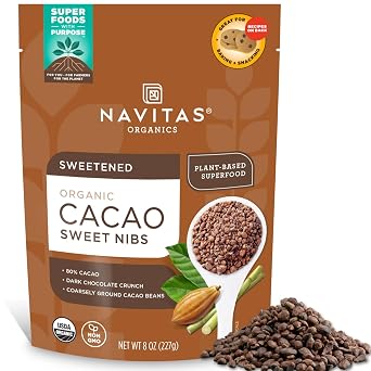 Navitas Organics Cacao Nibs Sweetened Dark Chocolate Crunch Antioxidants, Minerals, Fiber For Trail Mix, Baking & More USDA Organic, Fairtrade, Non GMO, Gluten Free, Non-alkalized (8oz. Bag 57 Servings)