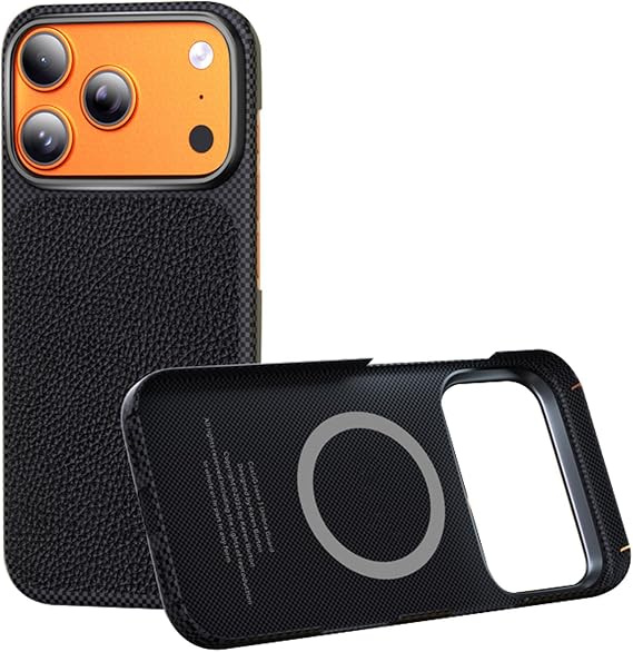 Handmade Case for iPhone 17 Pro Max/17 Pro, Full Grain Genuine Leather Slim Magnetic Cover Luxury Carbon Fiber Internal Shell,Black,17 Pro