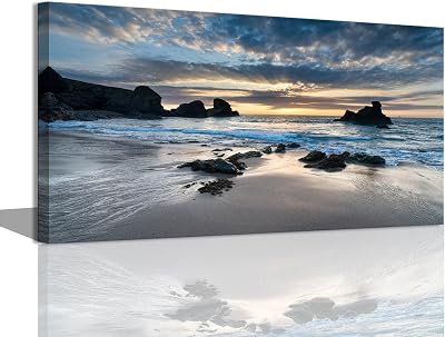 Living Room Wall Decor - Beach Morning Sunrise Canvas Art Print Wall Pictures XLarge Blue Landscape Painting Beach Theme Wall Art for Bedroom Office Kitchen Home Decorations Gallery Wrapped 20x40inch