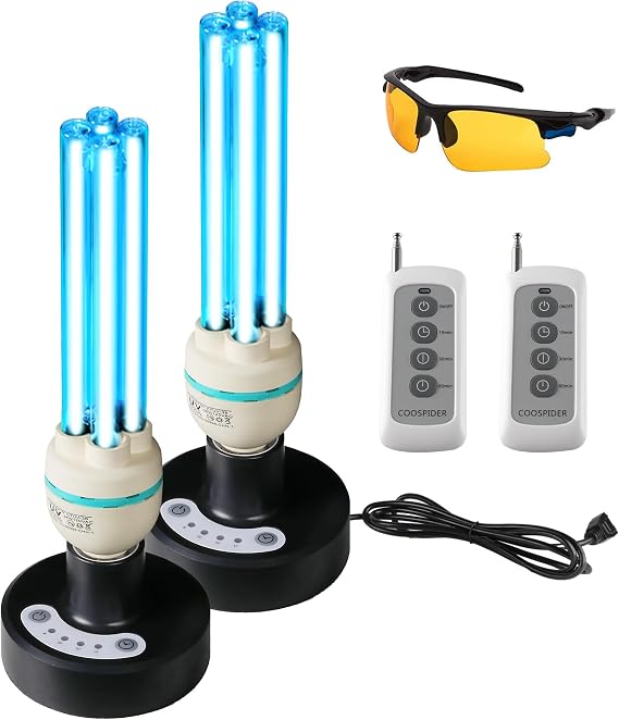 COOSPIDER UV 36Watts UV Sanitizer Lamp 2pack 72w with Remote Control Powerful UVC Light with E26 Base for Basement/Bedroom/Kitchen/Office/Storehouse/Car, 3-Gear Timer 110V Ozone Free