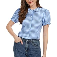 MINTLIMIT Women's Summer Gingham Blouse 2026 Plaid Top Short Sleeve Button Down Peter Pan Collar Shirt