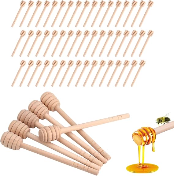 BORDSTRACT Honey Dipper Sticks, 50pcs natural wood honeycomb stirrers with deep grooves for easy dispensing of syrups and molasses in kitchen baking and household use
