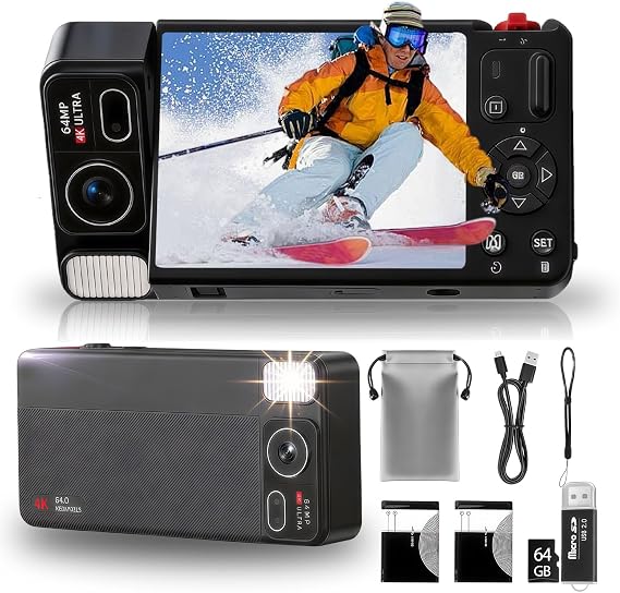 Digital Camera 270°Flip Screen, 4K 64MP Digital Compact Camera with 64GB card, 18X Zoom/Vlog Video Camera/Anti-shake/Flash, 2 Batteries+Card reader+Storage Bag for Beginner Teens Adults YouTube