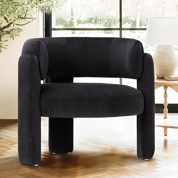 COLAMY Modern Velvet Accent Chair, Upholstered Barrel Chair, Comfy Side Arm Chair with 3 Legs for Living Room, Bedroom, Reading, Black